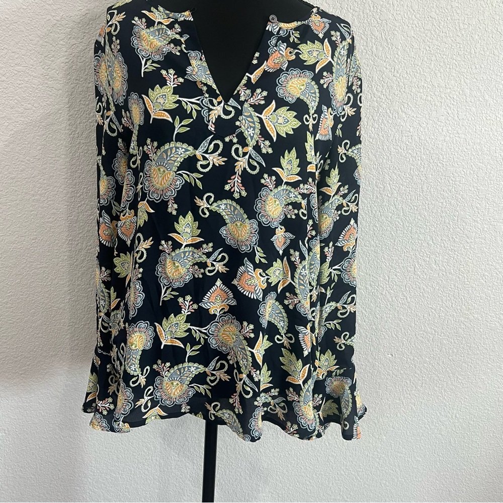 LOFT Navy Floral Paisley V-Neck Long Sleeve Blouse